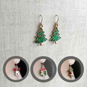 4 Pairs of Christmas Earrings, Enamel Colorful Charms Dangle. Box Gift Set.